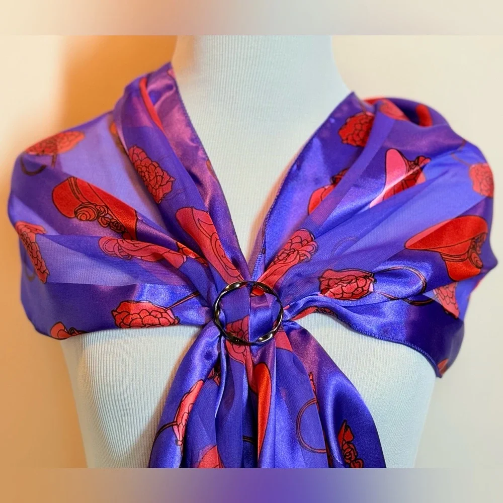 Women's Purple Lightweight Red Satin Fashion Scarf Wrap Red Hat Design 60”x13.5”